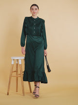 Elegant Pleated Ankle-Length Frilled Spandex Olive Green Dress