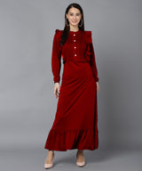 Elegant Pleated Ankle-Length Frilled Spandex Maroon Dress