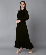 Elegant Pleated Ankle-Length Frilled Spandex Black Dress