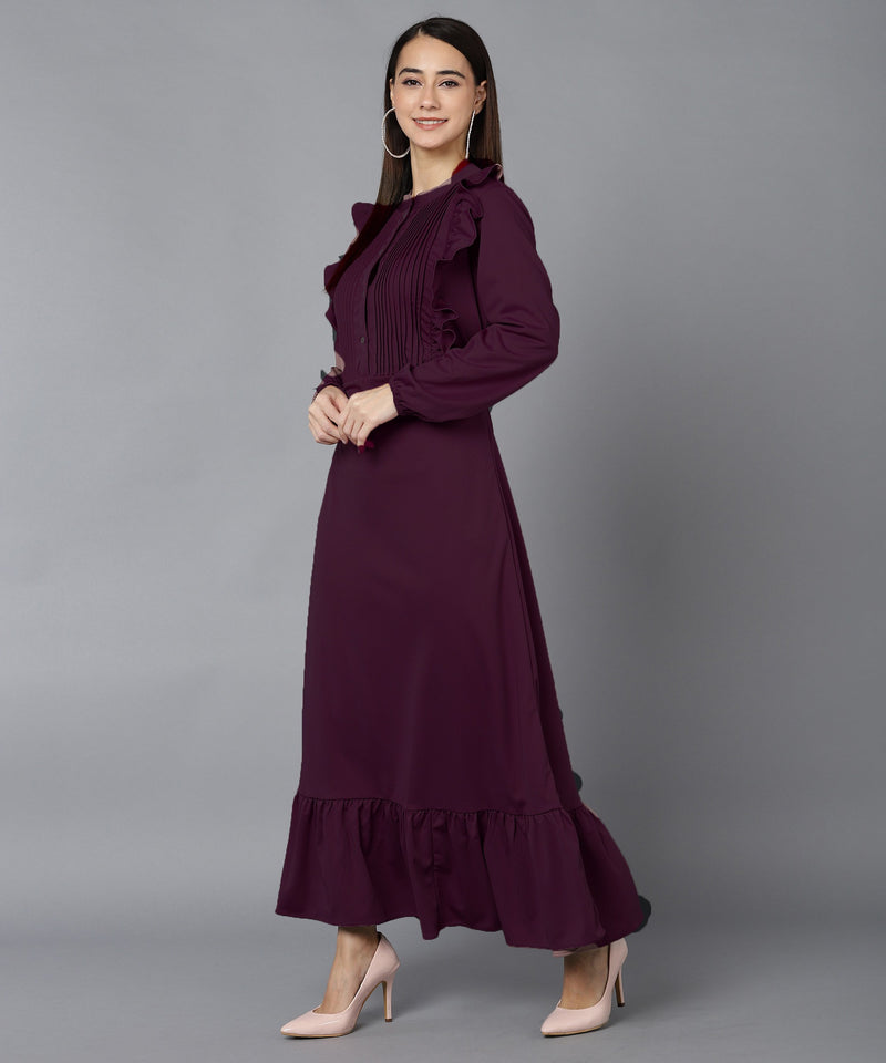 Elegant Pleated Ankle-Length Frilled Spandex Purple Dress