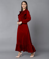 Elegant Pleated Ankle-Length Frilled Spandex Maroon Dress