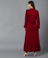 Elegant Pleated Ankle-Length Frilled Spandex Maroon Dress